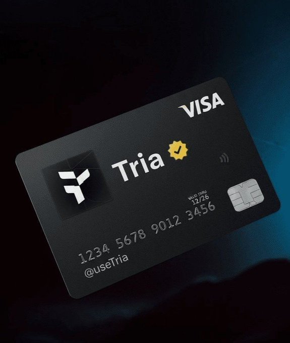 Promotional image of a black Visa debit card branded 'Tria' with the handle @useTria, card number 1234 5678 9012 3456, valid thru 12/26, featuring a contactless payment symbol.