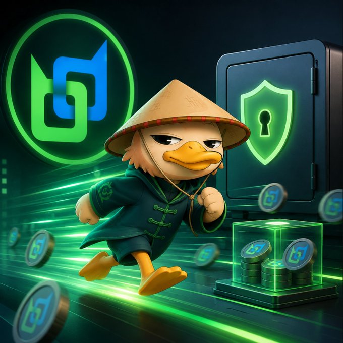 A 3D digital illustration of a duck wearing a straw hat and a green martial arts-style jacket, running past a glowing green safe and stacks of crypto coins bearing a logo, with a larger version of the logo in the background.