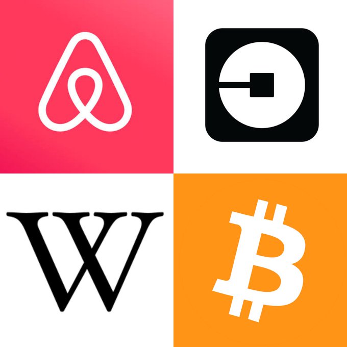 A four-panel collage showing the logos for Airbnb, Uber, the letter W (likely Wattpad), and Bitcoin.