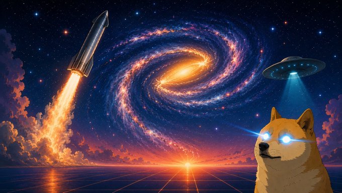Surreal artwork featuring a Shiba Inu dog with glowing blue eyes on the right, a rocket launching on the left, a UFO beaming a light, and a vibrant spiral galaxy in the night sky over a retro grid landscape.