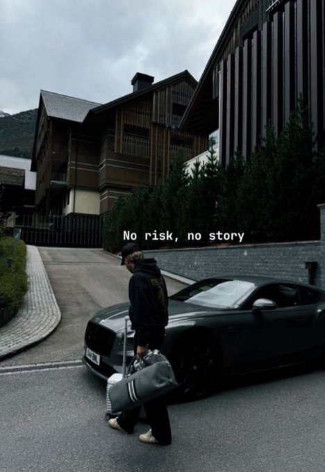 A man in dark clothing walks past a parked black luxury coupe carrying a duffel bag, with the caption "No risk, no story" overlaid on the moody alpine scene—evoking the "take chances" sentiment behind the post's TGIF crypto enthusiasm.