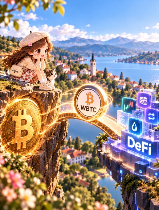 A cute anime-style girl with a cat sits atop a cliff overlooking a lakeside village, with a glowing bridge connecting a large Bitcoin coin on one side to a vibrant DeFi cityscape featuring the text "WBTC" on the other. The image visually represents the post's theme of bridging Bitcoin's traditional simplicity with the expanding world of decentralized finance through Wrapped BTC.