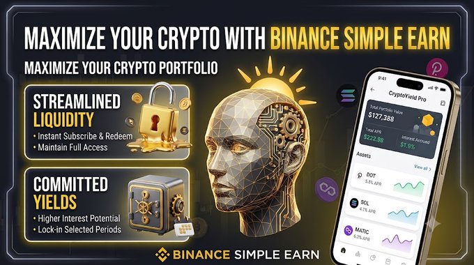A Binance Simple Earn promotional graphic highlighting "Streamlined Liquidity" with instant subscribe and redeem, and "Committed Yields" offering higher interest potential, alongside a CryptoYield Pro app screenshot showing a Total Portfolio Value of $127,368 with assets like DOT (+5.91% APR), SOL (+4.1% APR), and MATIC (+2.4% APR)—visually reinforcing the post's message that idle crypto can be put to work through Binance's earning products rather than just being held, bought, or sold.