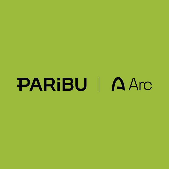 The image features a bright green background with the logos of "PARİBU" and "Arc" displayed side by side, separated by a vertical line. This visual highlights the partnership between Paribu and Arc, reflecting the announcement that Paribu is now a launch partner in Türkiye for Arc, Circle's EVM-compatible Layer-1 blockchain, with USDC deposits and withdrawals available starting today.