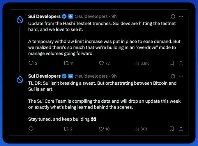 Two tweets from 'Sui Developers' (@suidevelopers) provide an update on the Hashi Testnet, noting they're managing high demand in 'overdrive' mode and that the Sui Core Team will release more data soon.