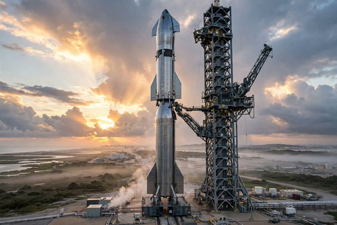 A photograph of a SpaceX Starship rocket on a launch pad next to its launch tower, with dramatic sunrays breaking through clouds in the background.