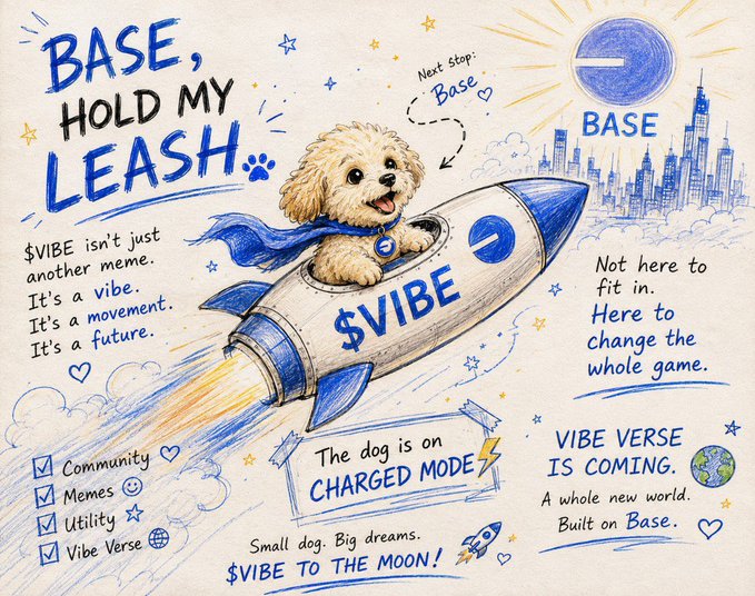 A hand-drawn style illustration of a fluffy dog piloting a rocket labeled "$VIBE" with text including "BASE, HOLD MY LEASH," "$VIBE TO THE MOON!," and "VIBE VERSE IS COMING."