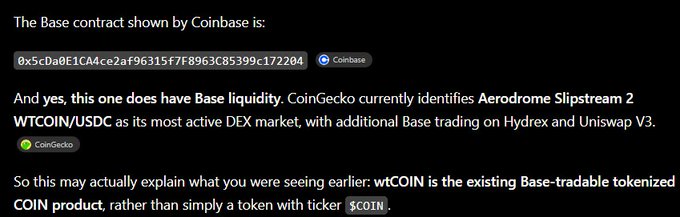 The image shows Coinbase's Base contract address (0x5cDa0E1CA4ce2af96315f7F8963C85399c172204) and explains that wtCOIN (the Base-tradable tokenized COIN product) has Base liquidity on Aerodrome Slipstream 2 WTCOIN/USDC, with the context clarifying that wtCOIN is the actual tokenized Coinbase stock on Base rather than just a $COIN ticker.