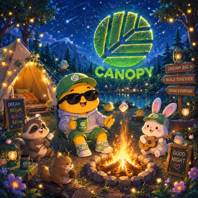 A colorful digital illustration featuring cute cartoon animals—a turtle wearing sunglasses, a raccoon, a rabbit, and a hamster—gathered around a campfire, with the 'CANOPY' logo and signs reading 'DREAM BIG BUILD TOGETHER GROW EVERYDAY' and 'GOOD NIGHT'.