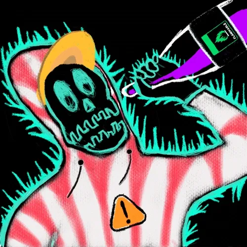 A colorful digital illustration depicting a black skeletal figure with glowing teal eyes being injected with a syringe labeled with a marijuana leaf, with a warning triangle below.