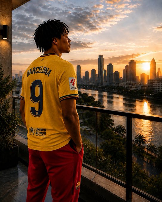 A young man wearing a Barcelona #9 jersey with UNHCR/ACNUR logo stands on a balcony overlooking a city skyline at sunset.