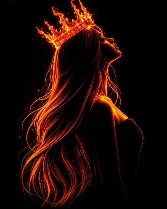 A digital artwork of a woman in silhouette with long flowing hair, wearing a crown made of fire, glowing orange and red against a black background.