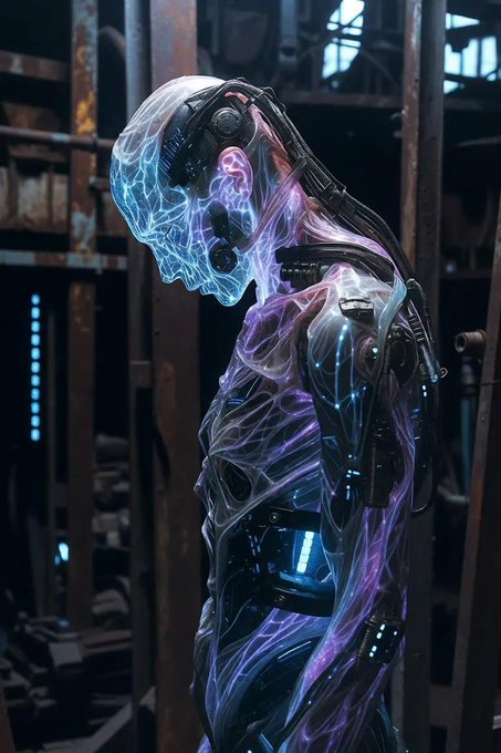 A futuristic cyborg or android figure composed of glowing blue and purple wireframe-like energy, standing with its head bowed in an industrial, dark environment.