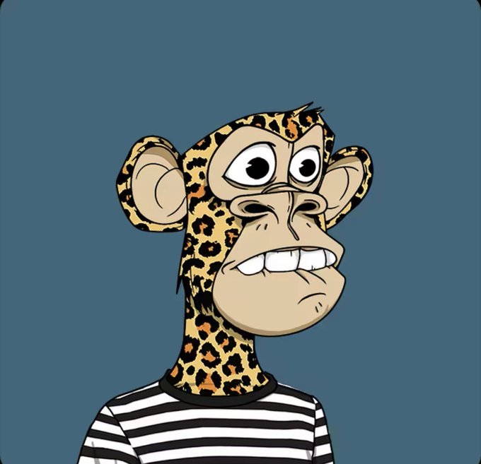 A cartoon illustration of a leopard-print humanoid character with large eyes and bared teeth, wearing a black-and-white striped shirt against a blue background.