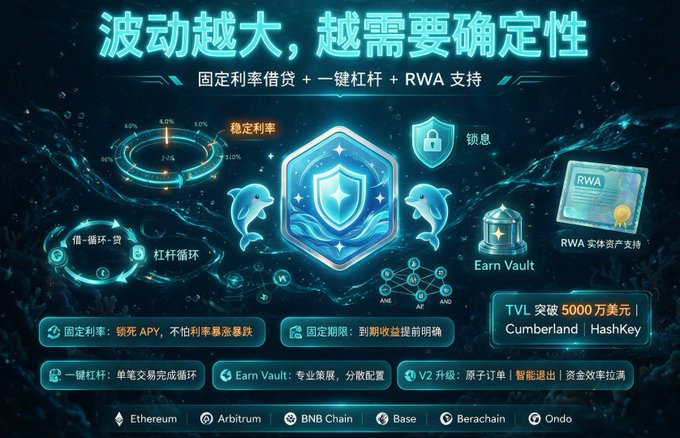 A promotional graphic with Chinese text reading '波动越大，越需要确定性' (The bigger the volatility, the more certainty you need), advertising fixed-rate lending features with logos for Ethereum, Arbitrum, BNB Chain, Base, Berachain, and Ondo, noting TVL exceeding $50 million with Cumberland and HashKey.