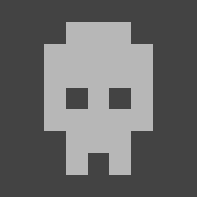 A simple gray pixel-art ghost character with a smiling expression against a dark gray background.