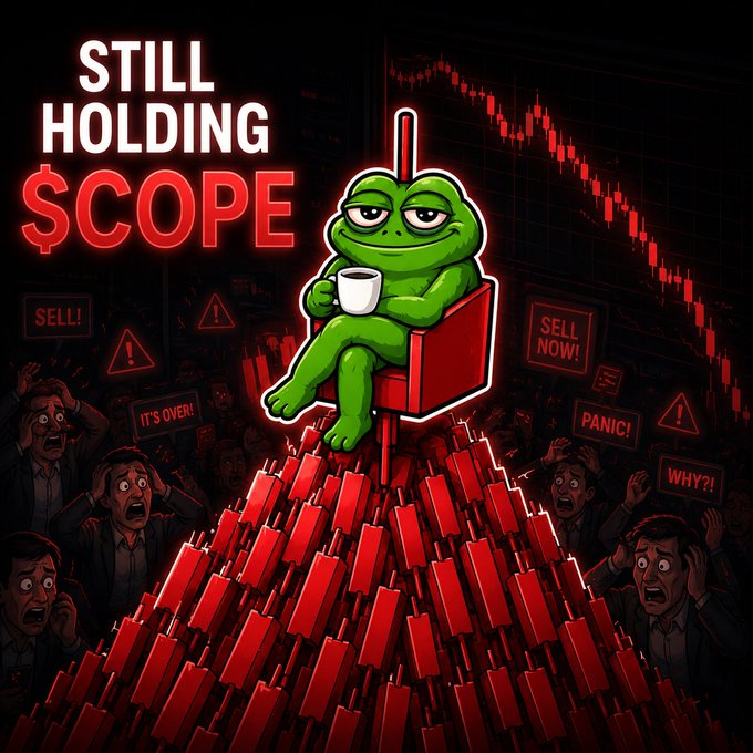 The image features a cartoon frog sitting atop a mountain of red bars, with a crowd of people surrounding him. The scene appears to be set during an economic crisis or market downturn, as indicated by the text "still holding onto scope". This phrase is likely used in reference to the current state of the economy and markets, suggesting that despite the challenges, there might still be hope for recovery or improvement.