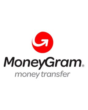 MoneyGram logo featuring a red circular icon with a white arrow, accompanied by the text 'MoneyGram money transfer' in black and gray lettering.