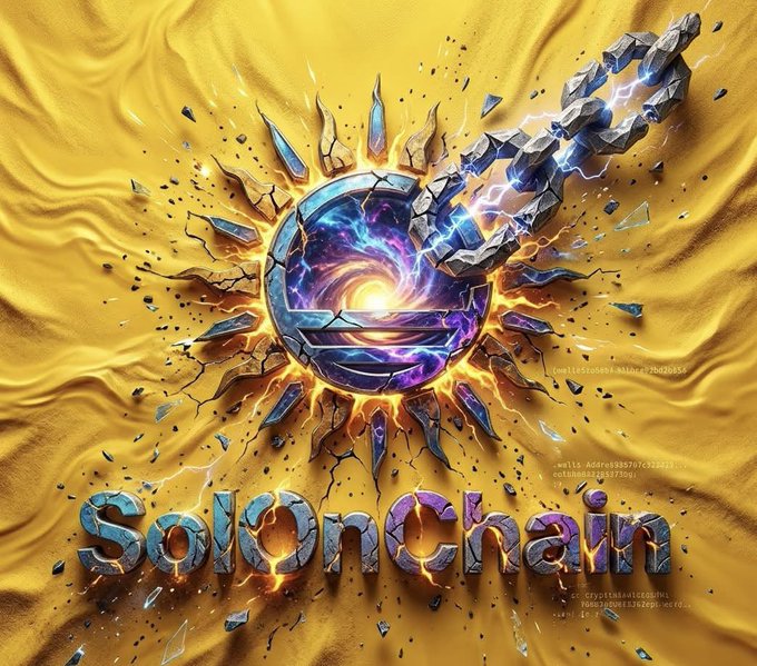 A 3D-rendered graphic design titled 'SolOnChain' depicts a fractured golden surface revealing a cosmic galaxy core, with a chain made of stone links striking through the center.