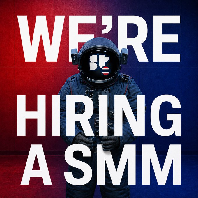 Hiring advertisement with bold white text reading 'WE'RE HIRING A SMM' over an image of an astronaut in a space suit against a red and blue split background.