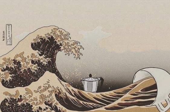 A humorous parody of Hokusai's 'Great Wave off Kanagawa' where the cresting wave is made of coffee swirling from a tipped-over cup, with a small moka pot floating in the sea.