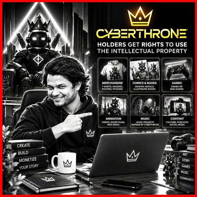 Promotional graphic for 'CYBERTHRONE' showing a smiling man at a laptop with stacks of books labeled 'Build, Monetize, Your Story', advertising that holders get rights to use the intellectual property for merchandise, comics, games, music, and animation.