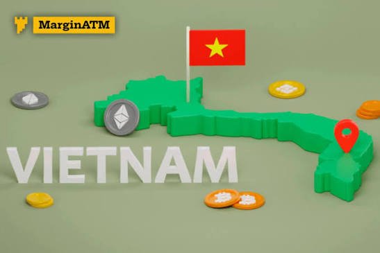 A 3D green map of 'VIETNAM' with a Vietnamese flag on top, surrounded by crypto coins, featuring the logo 'MarginATM' in the top left corner.