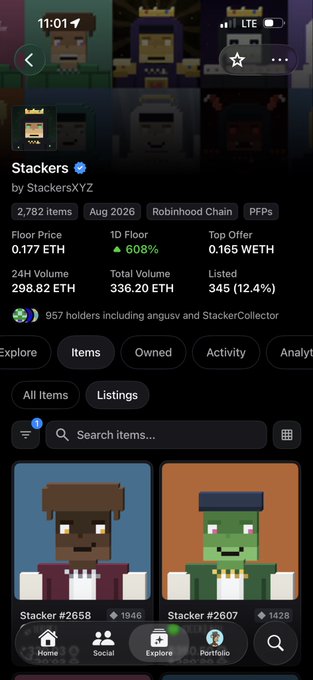 A mobile app screenshot displays the 'Stackers' NFT collection by 'StackersXYZ' with a verified blue checkmark, showing 2,782 items, a floor price of 0.177 ETH, and pixel-art character thumbnails below.
