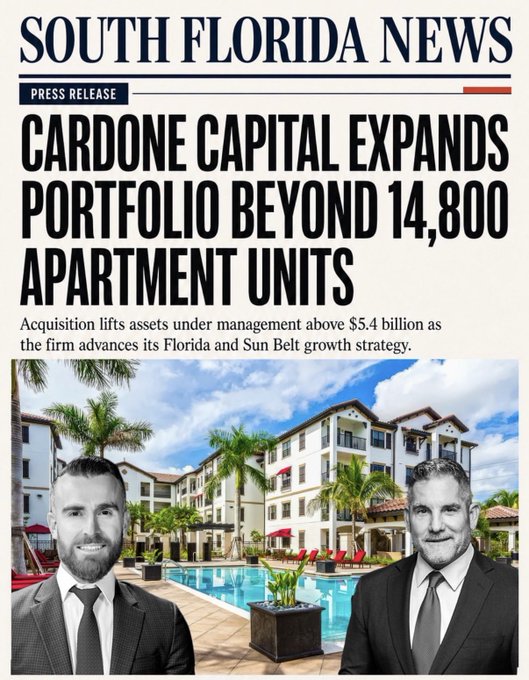 **Caption:** A South Florida News press release graphic announces that "Cardone Capital Expands Portfolio Beyond 14,800 Apartment Units," with the headline noting the acquisition lifts assets under management above $5.4 billion as the firm advances its Florida and Sun Belt growth strategy, featuring an image of a luxury apartment complex with a pool alongside photos of two executives.

**Relation to post:** The image visually supports the accompanying announcement by highlighting the headline milestone of surpassing 14,800 units and the $5.4 billion AUM figure, which aligns with the post's mention of a Naples purchase pushing the portfolio to nearly 15,000 units.