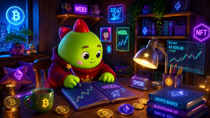 A Pixar-style green cartoon character in a red hoodie sits at a desk with a 'HODL' notebook, surrounded by crypto-themed decor including Bitcoin, NFT, and Ethereum neon signs plus a BTC/USD chart showing 67,420.00.