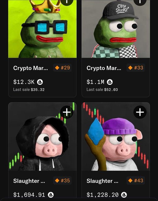 An NFT marketplace page displaying four collectibles from the 'Slaughter' and 'Crypto Martians' series, with listed prices and recent sale values.