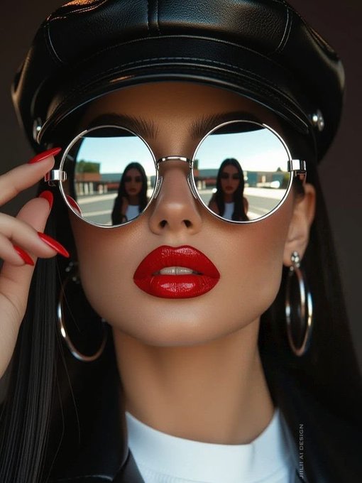 The image features a beautiful woman with long, dark hair posing for a picture while wearing glasses, a hat, red lipstick, and earrings. The surrounding area appears to be a city street, giving context to her urban setting. Above her head is an interesting mirror reflection which could be related to the post in question or simply add depth to the image's visual appeal. It may imply that she is experiencing some sort of fashion-related event or perhaps taking part in a photoshoot where the mirror has been used as a prop for capturing a unique moment within the scene.