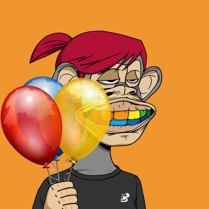The image features an anthropomorphized cartoon monkey holding three balloons, with one of them being yellow and the other two red. The monkey appears to be wearing a black shirt and has a funny expression on its face. The caption for the image reads "Almost missed my 5 year anniversary since becoming BORED BECKY. Happy Ape Day to me. PS. I was minted a month earlier by @pranksy".