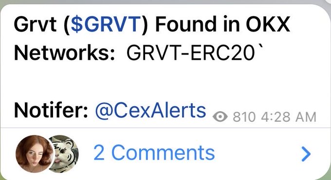 The image shows a notification from @CexAlerts reporting that Grvt ($GRVT) has been found on the OKX exchange via the GRVT-ERC20 network, corroborating the post's announcement that $GRVT is launching across major exchanges including OKX as part of its TGE today.