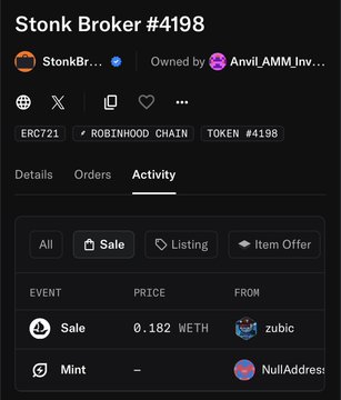 A screenshot of OpenSea shows Stonk Broker #4198 (token #4198 on Robinhood Chain) with an Activity tab displaying a Sale of 0.182 WETH to "zubic" and a Mint from NullAddress, illustrating the user's early sale at a low price before the floor rose 1.3 ETH.