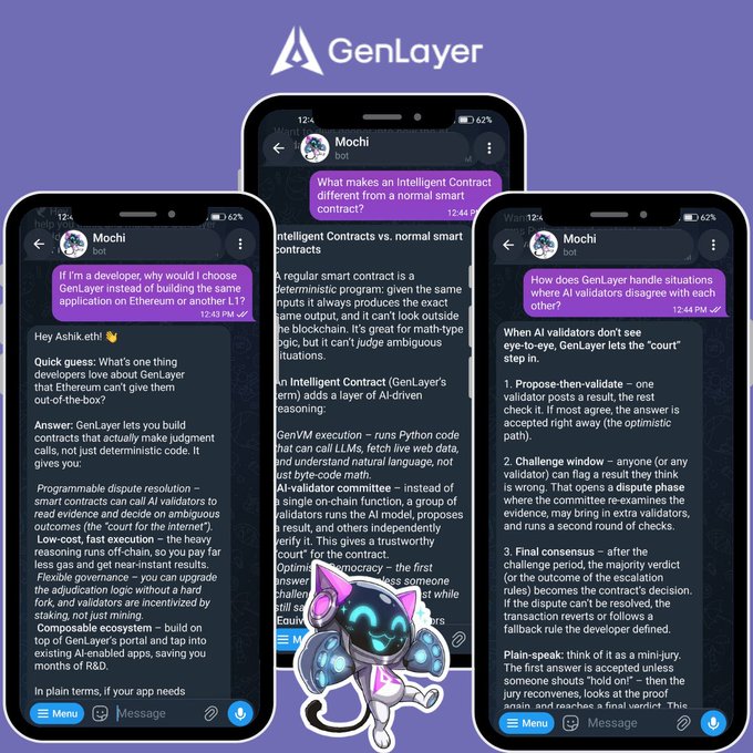 An advertisement for GenLayer showing three smartphones displaying a chat conversation with a bot named 'Mochi' explaining intelligent contracts versus normal smart contracts, with a cartoon mascot at the bottom.