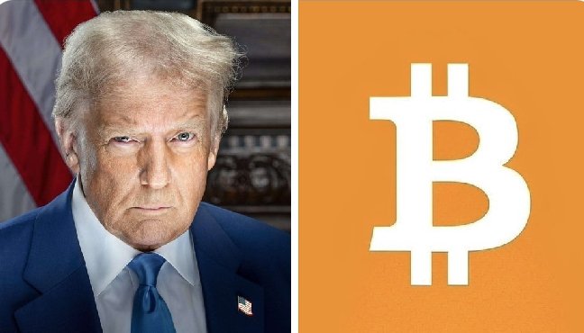 This split image shows Donald Trump on the left and the Bitcoin logo on the right, illustrating his reported positive comments about Bitcoin's impact on the U.S. dollar.