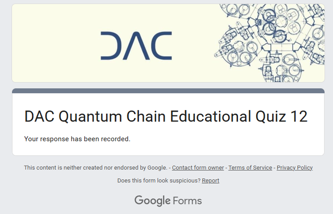A Google Forms confirmation page displaying "DAC Quantum Chain Educational Quiz 12" with the DAC logo, confirming a submitted response to the free energy points quiz promoted in the accompanying post.