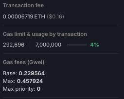 A screenshot displaying Ethereum transaction details including a fee of 0.00006719 ETH ($0.16), gas limit of 292,696 with 7,000,000 usage (4%), and gas fees in Gwei with a base of 0.229564 and max of 0.457924.
