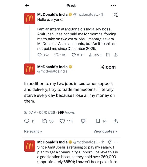Screenshots of tweets from the verified 'McDonald's India' (@mcdonaldsi...) account claiming an intern named Amit Joshi hasn't been paid for months and is forced to take extra jobs including memecoin trading.