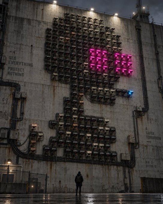 A dystopian digital artwork depicting a massive wall covered in surveillance cameras forming the shape of a face with glowing pink eyes, with text reading 'SEE EVERYTHING PROTECT NOTHING' and 'A SAFER TOMORROW'.