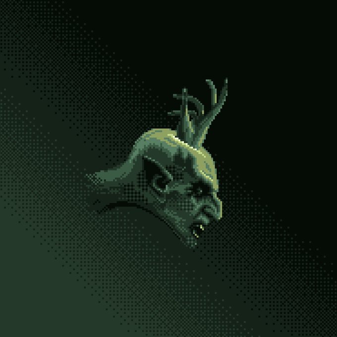 A pixel art style illustration of a distorted, elongated creature or face with antler-like protrusions, rendered in green tones against a black halftone background.
