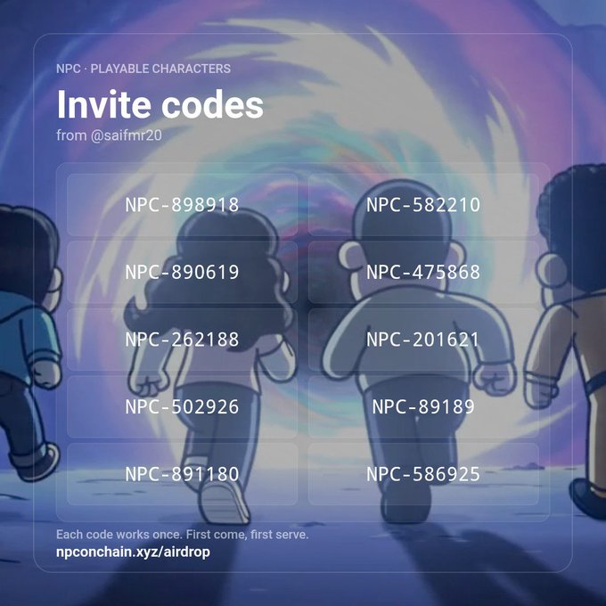 An 'Invite codes' graphic for NPC Playable Characters from @saifmr20, displaying ten codes like NPC-898918 and NPC-582210 with the URL npconchain.xyz/airdrop.