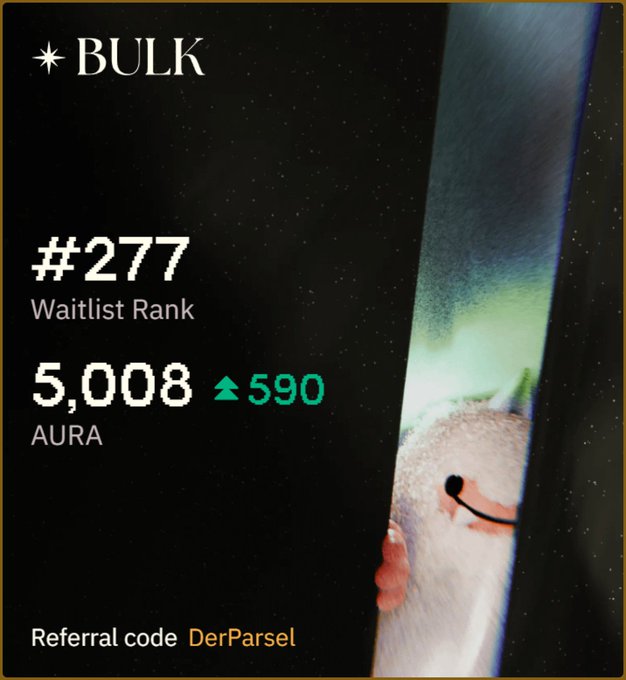 A Bulk Trade referral dashboard displays rank #277 with 5,008 AURA (+590), promoting referral code "DerParsel." The image illustrates the celebratory post celebrating surpassing 5,000 AURA ahead of mainnet launch, emphasizing how climbing the waitlist rank could secure early access.