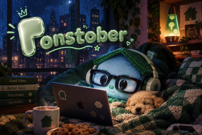 A cozy digital illustration of a teal plush character wearing glasses and headphones using a laptop next to a sleeping puppy, with 'Fonstober' written in glowing green letters.