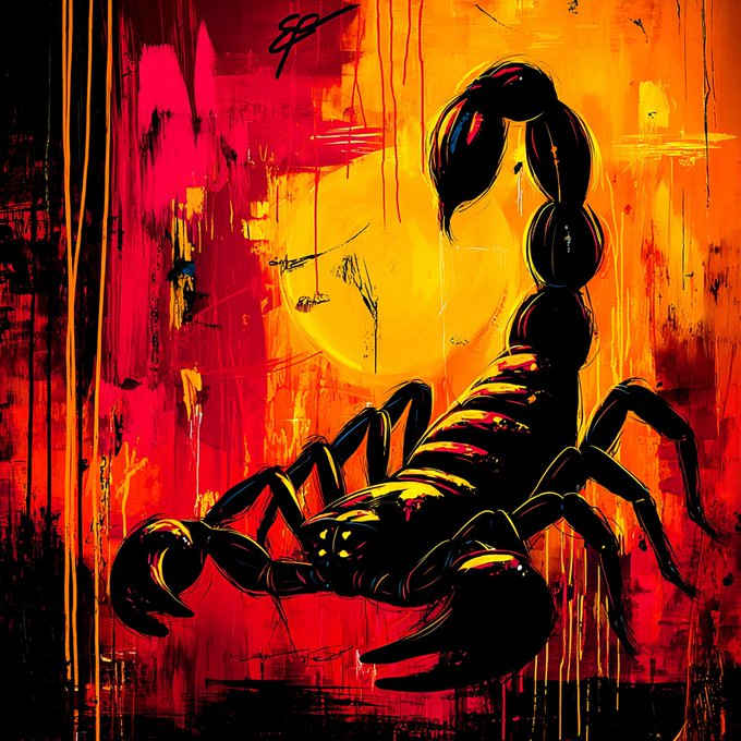 A striking, stylized illustration of a black scorpion with a curved tail, rendered against a fiery, abstract background of dripping red, orange, and yellow paint, with what appears to be a signature "SP" in the upper left corner—visually matching the artist's "The Scorpion" NFT artwork listing on Objkt.