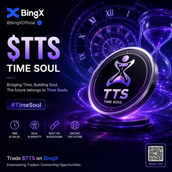 The image features a purple coin that says "TTS" on it, surrounded by a clock and a sunset. The background of the image has a dark blue hue with white text. Below the coin, there are two lines of text that read "Building Time Soul". On the right side of the image, there is a quote from @BingXOfficial about the importance of taking time for reflection in a fast-paced world.