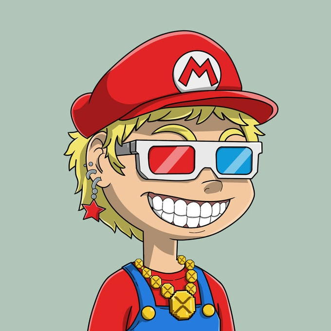 A cartoon illustration of a character dressed as Mario wearing a red cap with an 'M' logo, 3D glasses, a gold chain necklace with 'X' pendants, and a star earring.