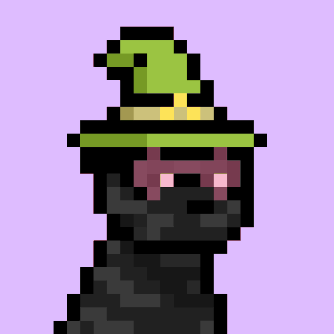 A low-resolution, 8-bit style pixel art depiction of a figure wearing a green hat and a dark mask with pinkish eyes, set against a solid light purple background.