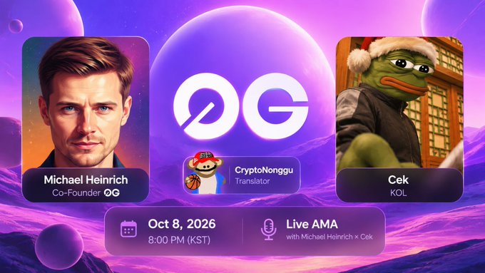 Promotional graphic for an "OG" Live AMA featuring Co-Founder Michael Heinrich and KOL Cek, moderated by translator CryptoNonggu, scheduled for October 8, 2026 at 8:00 PM (KST). The cosmic-themed design displays portraits of the two speakers alongside the event date, matching the post's Thursday Oct 8 at 20:00 KST timing for the Q&A session.
